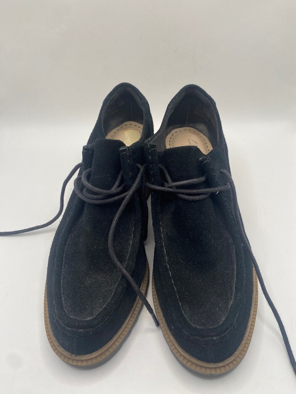 Clarks Black Suede Lace Up Casual Shoes Low Wedge Platform Comfort Womens
